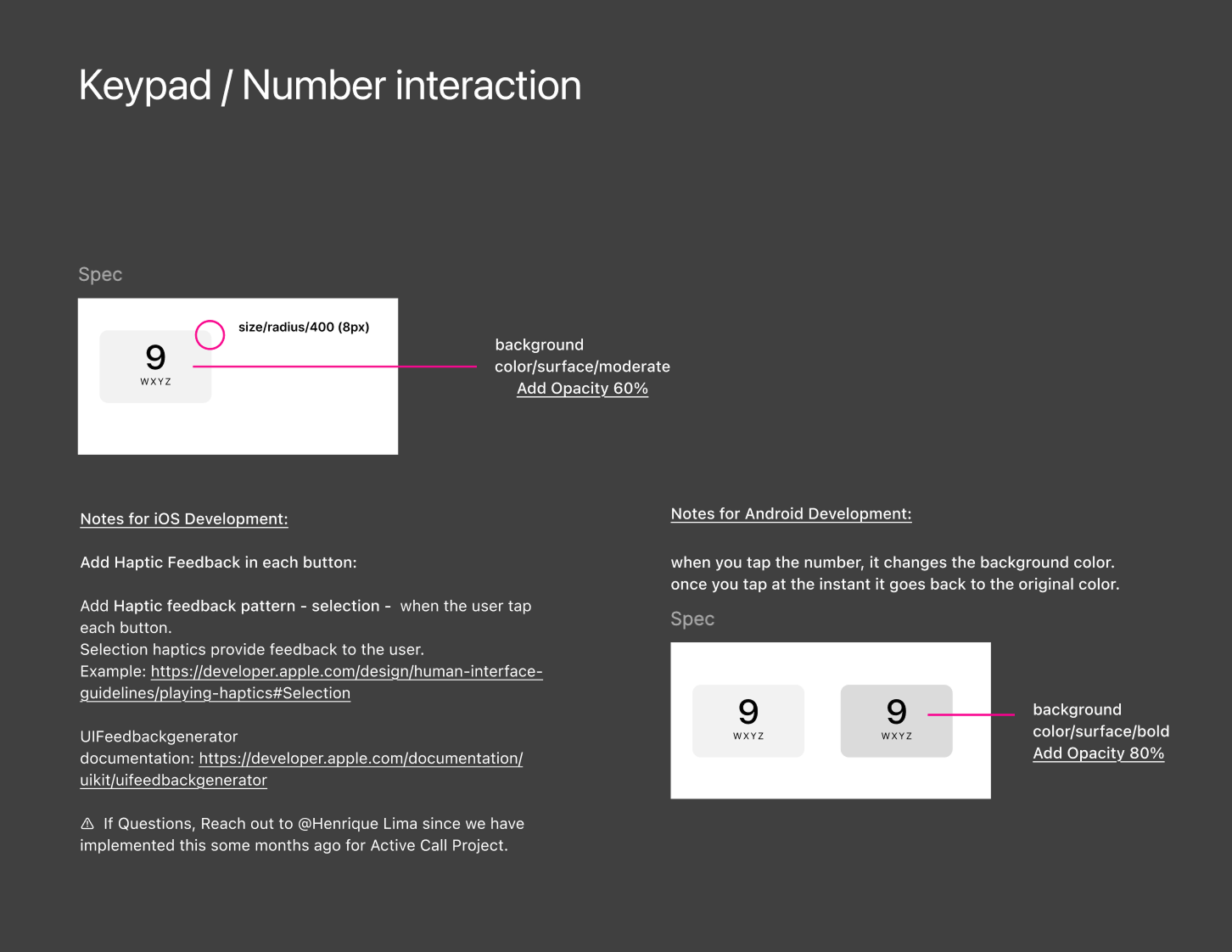 Keypad number interaction specs
